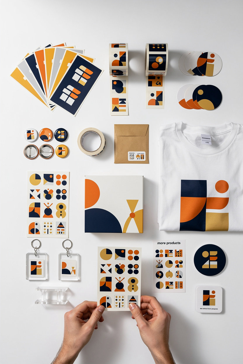 Sticker Mule custom stickers, labels, magnets, and packaging products displayed together